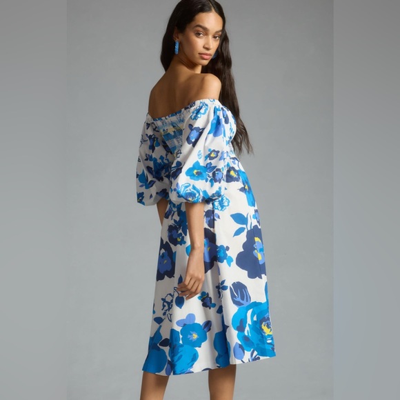 ✨ Anthropologie Off-The-Shoulder Puff-Sleeve Smocked Dress Sz L - Picture 3 of 5